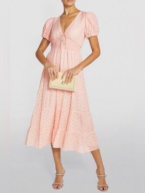 NWOT Alice + Olivia Tia Silk English Rose Pink Puff Sleeve Midi Dress Sz 0